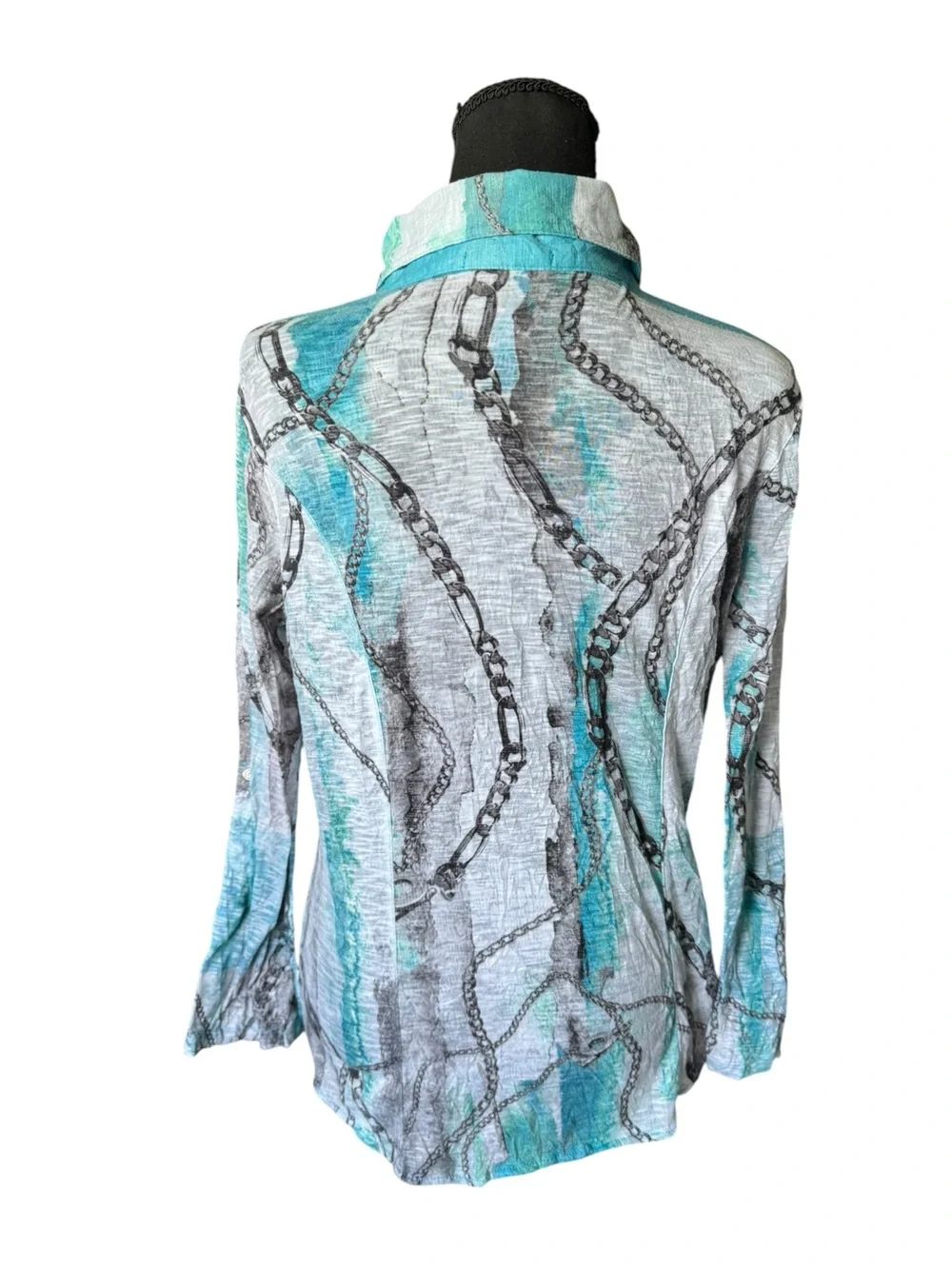David Cline M Chain Print Rhinestone Button Down Shirt Turquoise Gray USA